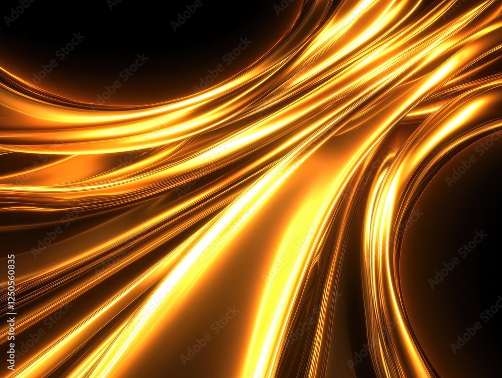 Poster dynamic flow of golden light abstract space digital artwork dark background close-up light and color