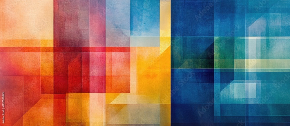 Poster abstract geometric composition with vibrant colors and layered textures creating a dynamic visual ex