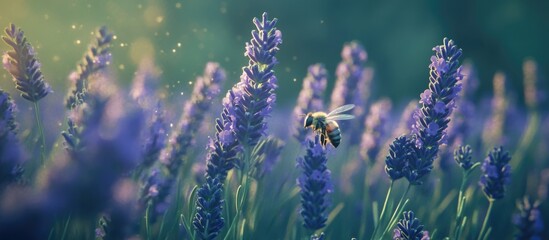 Obraz premium Lavender flowers in bloom with a bee, creating a serene floral background texture for nature and pollination themes