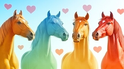 Fototapeta premium Four pastel horses, romantic hearts, sunny sky, idyllic pasture; Valentine's Day card