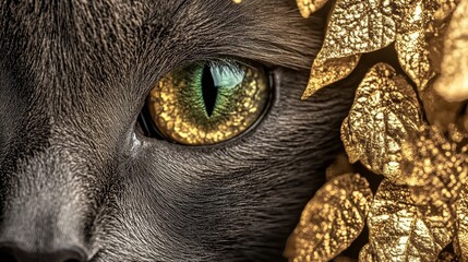 An intimate close-up of a cat's eye surrounded by golden leaves, merging elements of nature and artistry to evoke themes of mystery and hidden beauty.