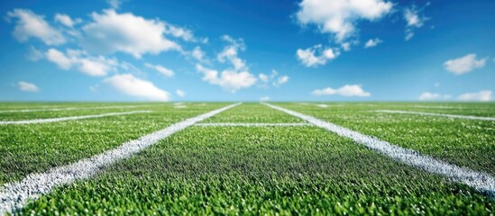 Naklejka premium Vibrant green football field with white markings under a clear blue sky perfect for sports or outdoor activities