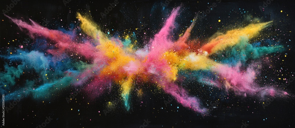 Poster colorful powder explosion on black background showcasing vibrant splashes of dust creating a dynamic
