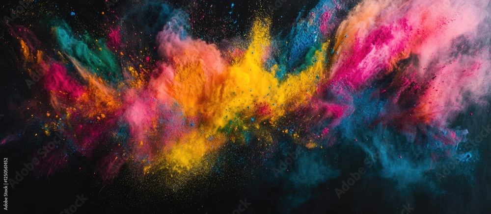 Poster colorful powder explosion creating a dynamic abstract background with vibrant hues on a dark backdro