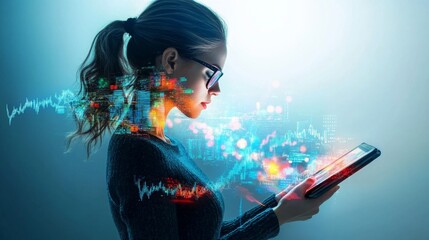 Analyzing market trends office digital display corporate environment close-up woman's perspective