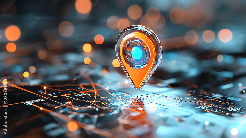 Poster interactive location mapping digital pinpointing technology urban setting 3d visualization futuristi