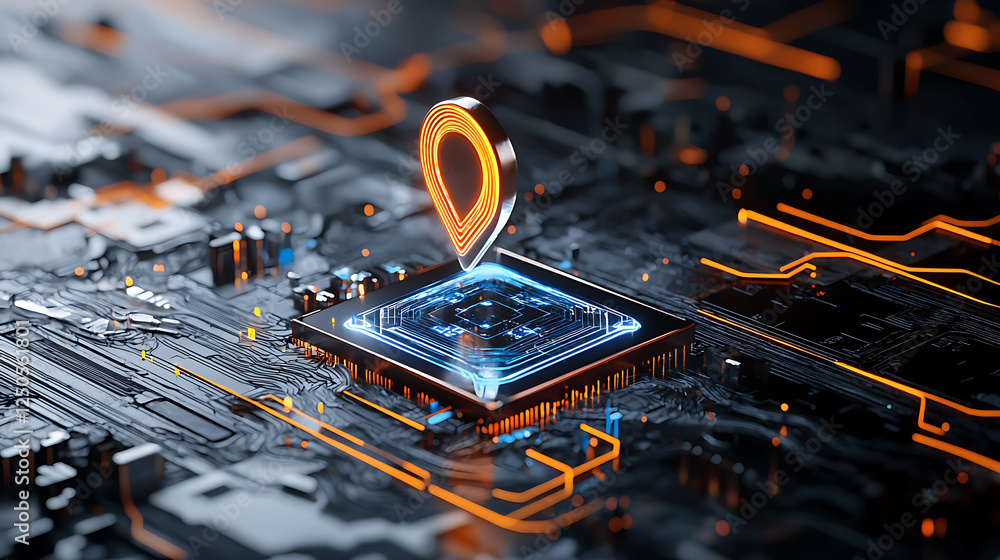Poster digital location mapping technology on circuit board high-tech environment futuristic concept close-