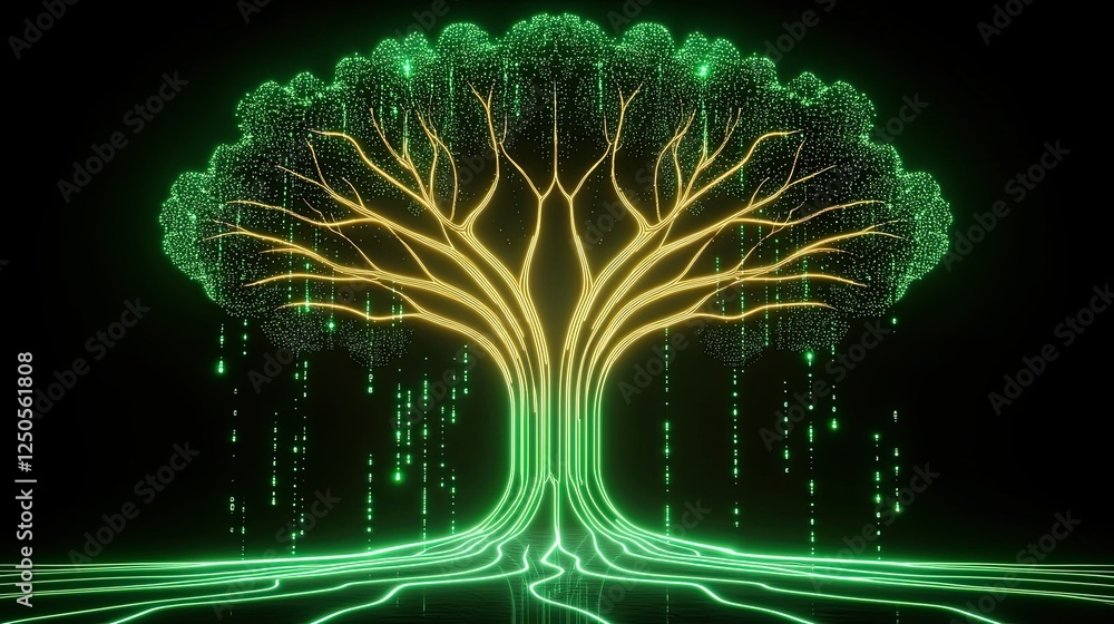 Aufkleber abstract nature technology ai concept, digital tree with neon lights and data streams against dark b