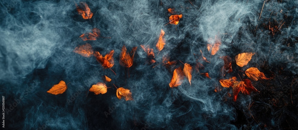 Poster last leaves floating in smoke from a bonfire with an empty space for text and warm autumn colors in 