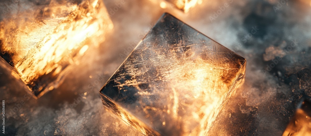 Poster macro shot of large square ice cubes with a glowing ember effect in a dramatic close-up setting