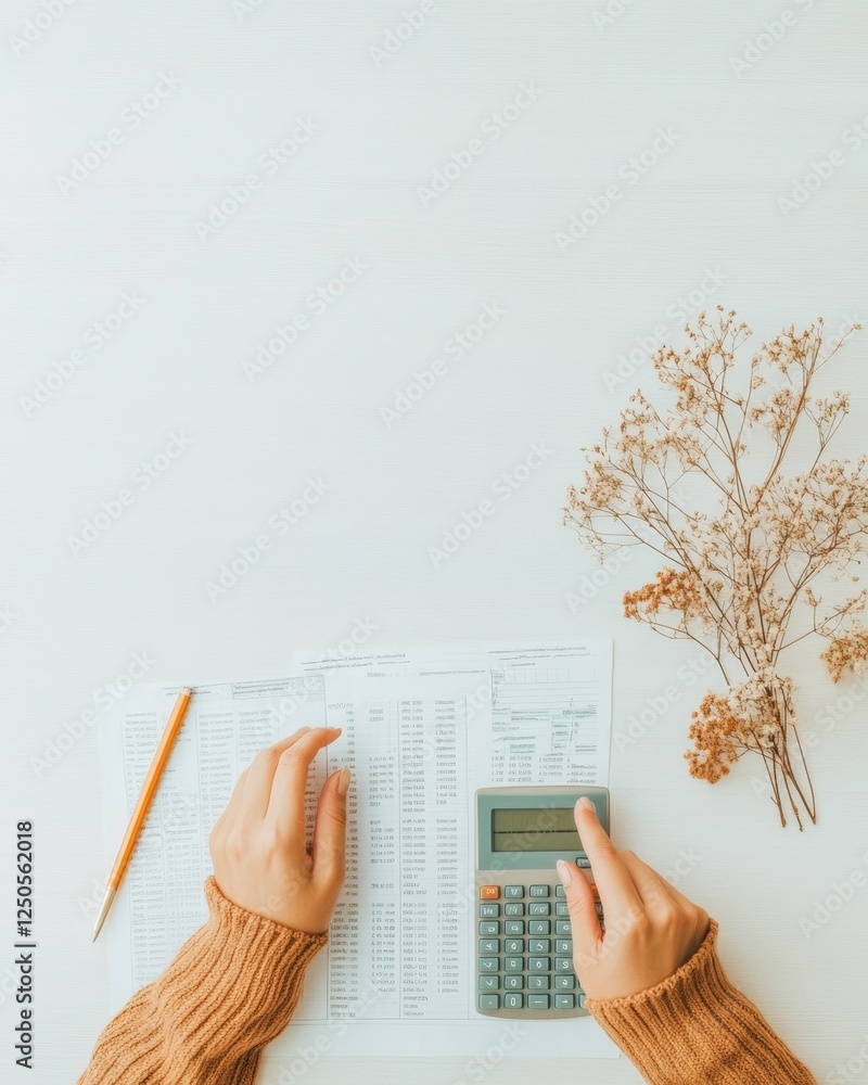 Poster modern minimalist financial advisory neutral workspace with financial documents and calculator for p