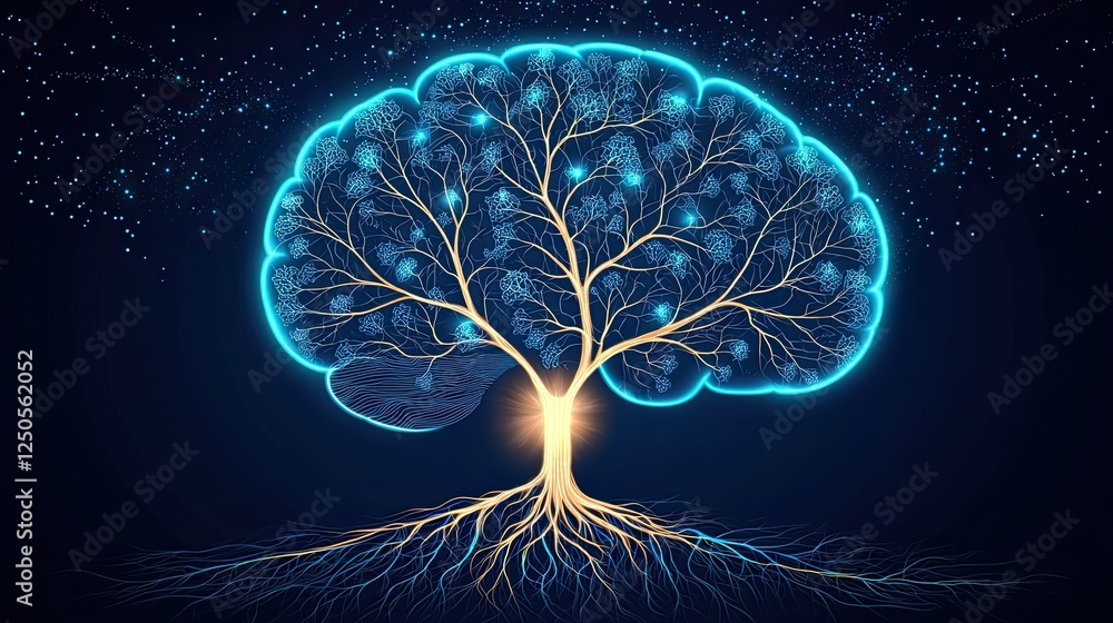 Poster abstract nature technology ai concept, vibrant digital tree design representing connection between n