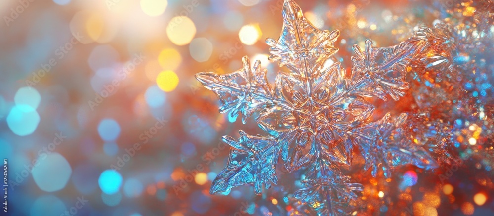 Poster snowflake on a vibrant festive christmas background with bokeh effect from colorful christmas lights
