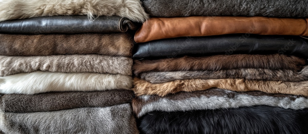 Poster stack of assorted animal hides in various textures and colors showcasing black and grey fur with spa