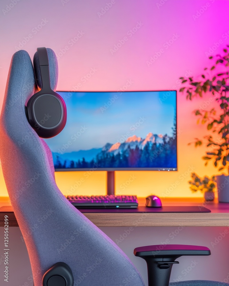 Aufkleber Neon-Lit Gaming Setup Ergonomic Chair with Multi-Monitor and RGB Backlighting - Next-Gen Esports Workstation for Competitive Edge and Immersive Streaming Experience
