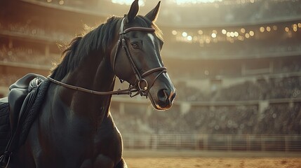 Naklejka premium Majestic black horse in stadium, sunset, crowd. Equestrian sports photography