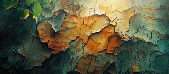 Fototapeta premium Textured close-up of rough tree bark showcasing natural patterns and colors in a rustic, artistic manner.