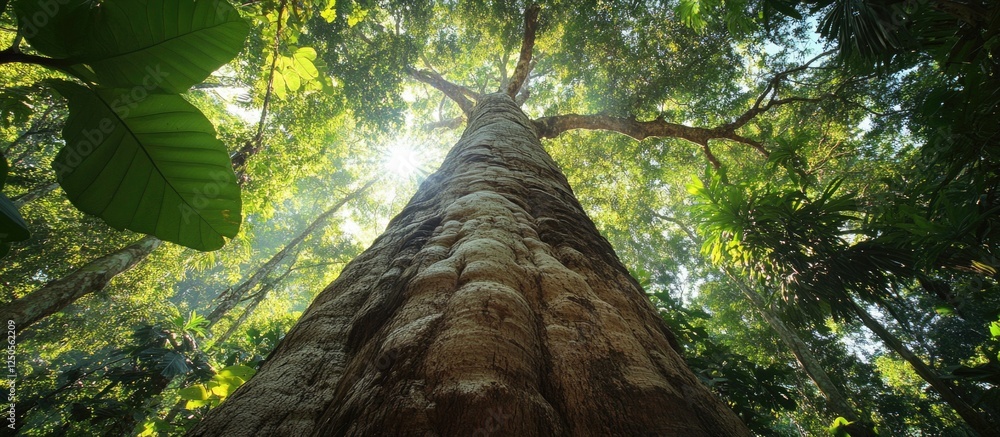 Poster ancient teak tree soaring in a lush forest with sunlight filtering through leaves creating a tranqui
