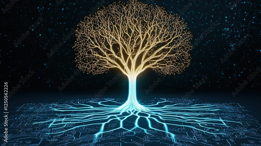 Poster abstract nature technology ai concept, illuminated tree with digital roots on a dark background repr