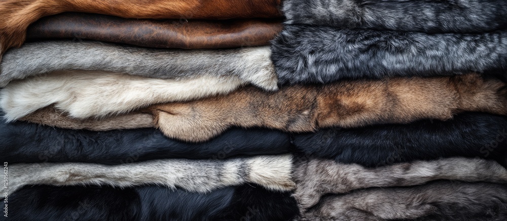 Poster stack of assorted animal hides featuring black and grey fur textures with space for text or graphic 