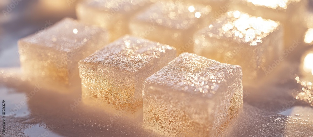 Poster close up of large square ice cubes with a shimmering texture reflecting light on a smooth surface.