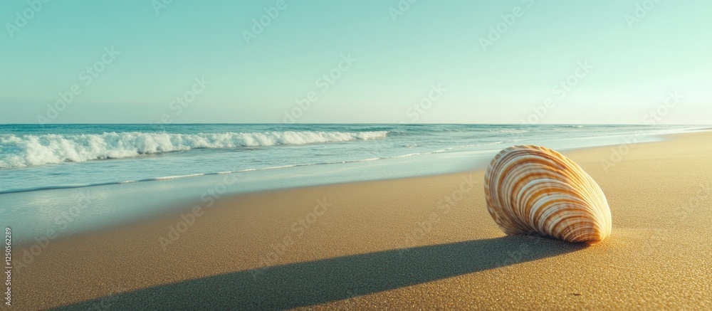 Poster striped seashell on serene beach with gentle waves and clear sky creating a tranquil coastal atmosph