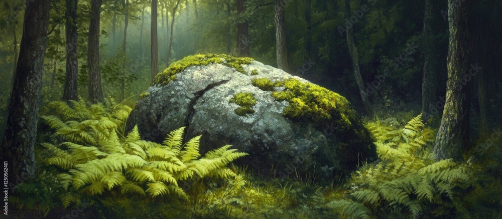 Poster moss-covered rock surrounded by lush ferns in a tranquil forest setting with sunlight filtering thro