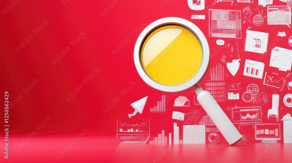 Aufkleber analyzing business trends and data insights through a magnifying glass in a creative workspace