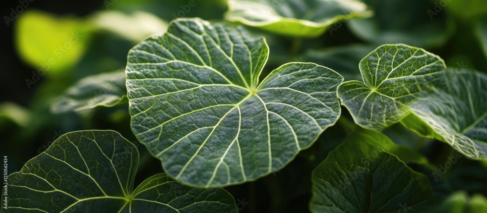 Poster vibrant large dark green leaves with intricate vein patterns set against a soft blurred background s