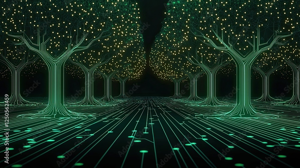 Poster abstract nature technology ai concept, enchanted forest with glowing trees and digital pathway under