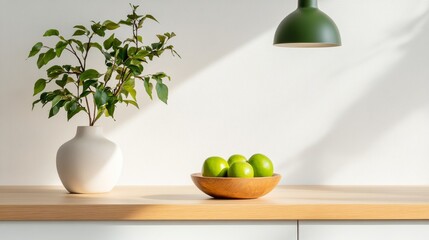 Minimalist Kitchen Design Light Wooden Countertops and Green Accents for a Fresh, Sustainable Living Space - Ideal for Modern Home Interiors and Eco-Friendly Branding