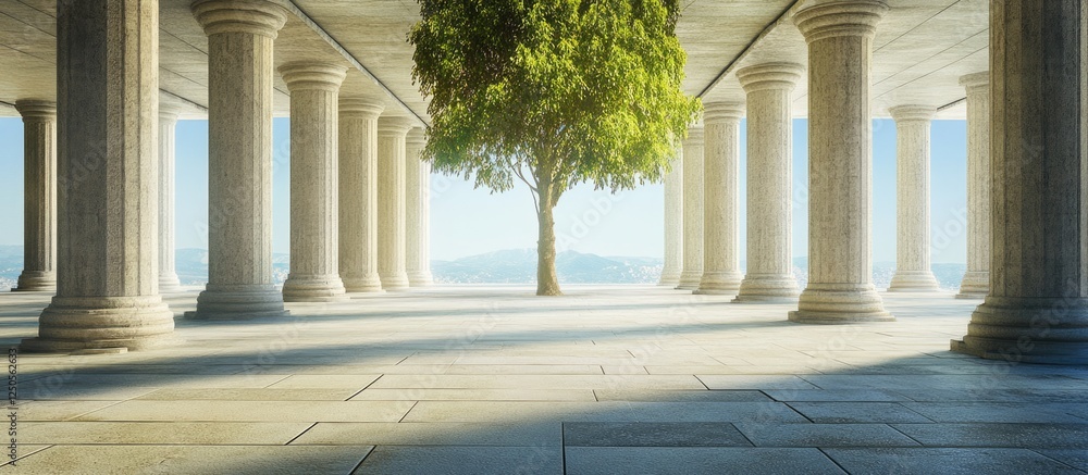 Poster serene open space with towering columns and a central tree offering a tranquil backdrop for text or 