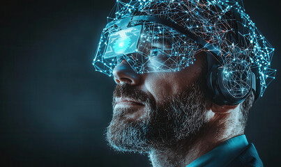 Closeup of energy manager wearing advanced AI headset with digital overlay