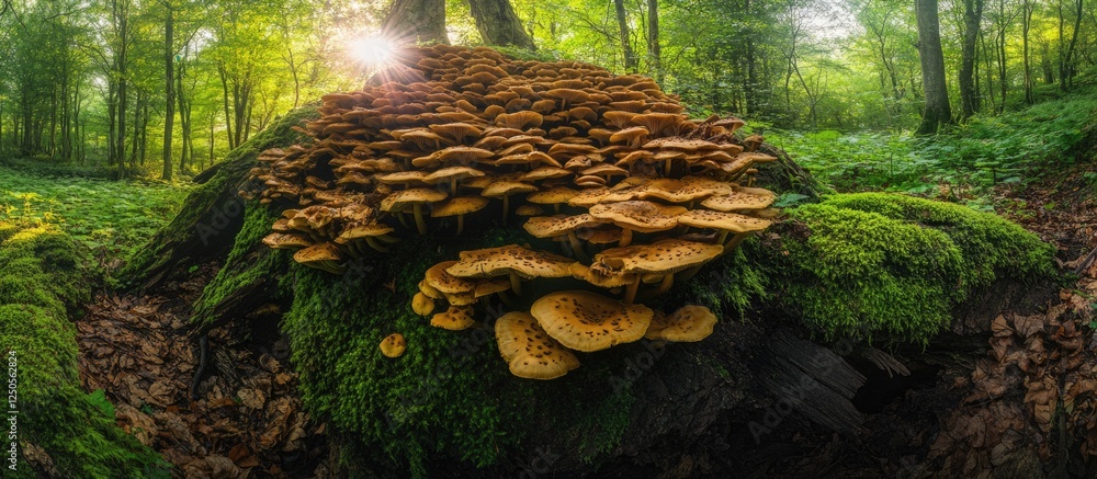 Poster lush forest scene featuring a vibrant cluster of mushrooms growing on a decaying trunk illuminated b