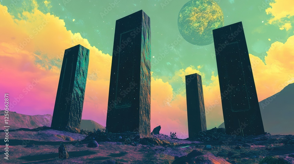 Poster surreal landscape featuring monolithic structures under a colorful sky with a distant planet, captur