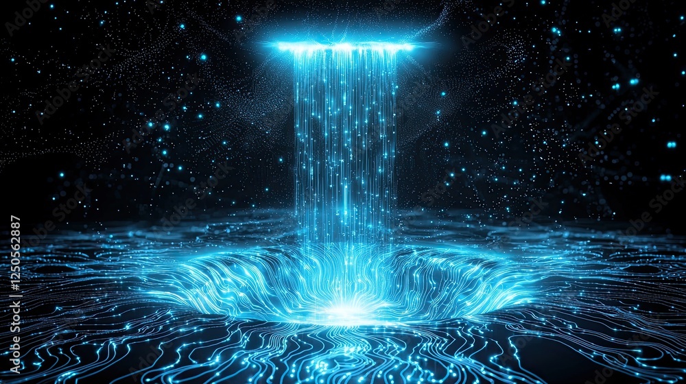 Poster abstract nature technology ai concept, digital waterfall with glowing particles and flowing lines ag