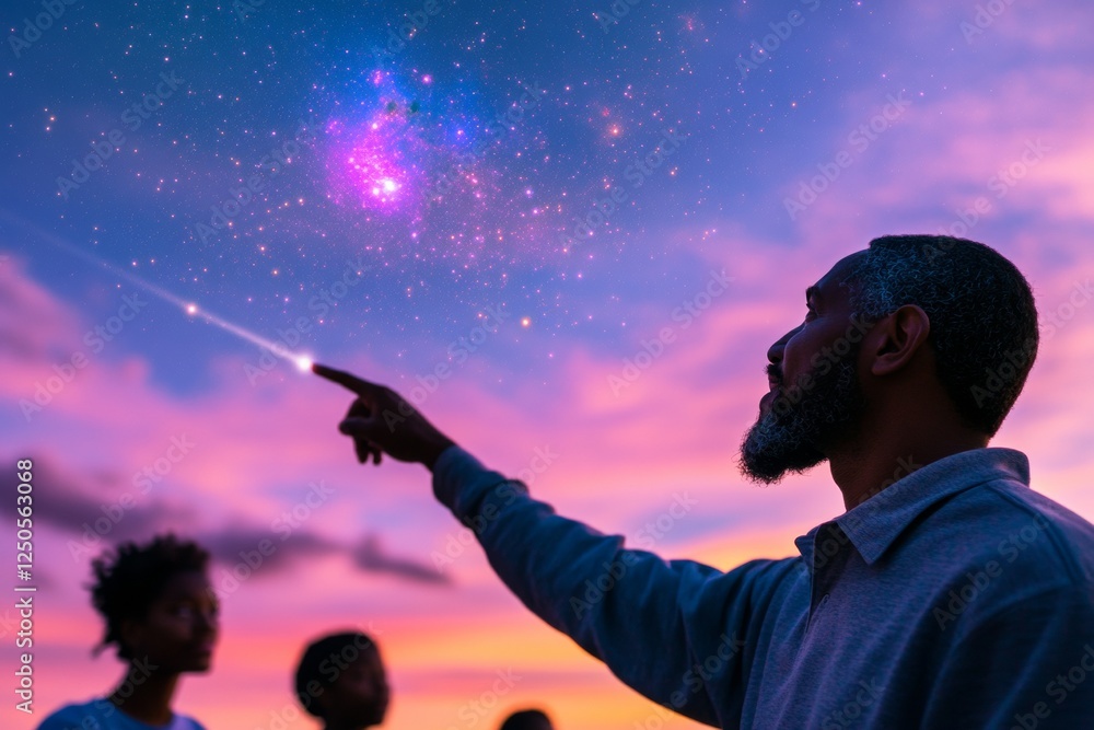 Poster cosmic exploration night diverse teens learn astronomy with bearded mentor using tech tools under st