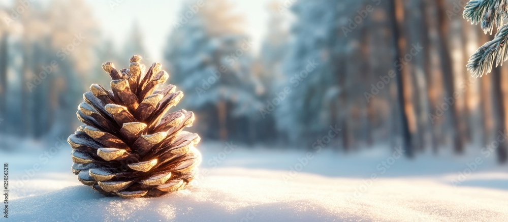 Poster golden pine cone in a snowy winter landscape with blurred trees and ample empty space for text or br