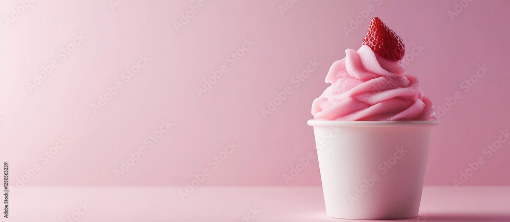 Aufkleber frozen yogurt in a cup topped with strawberries on a pink background with empty space for text or pr