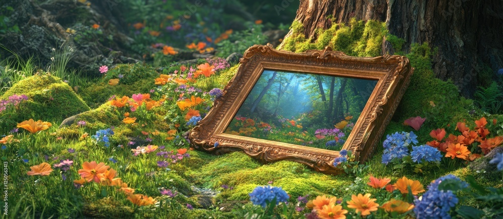 Aufkleber golden frame resting on mossy stump surrounded by vibrant spring flowers in a lush forest setting wi