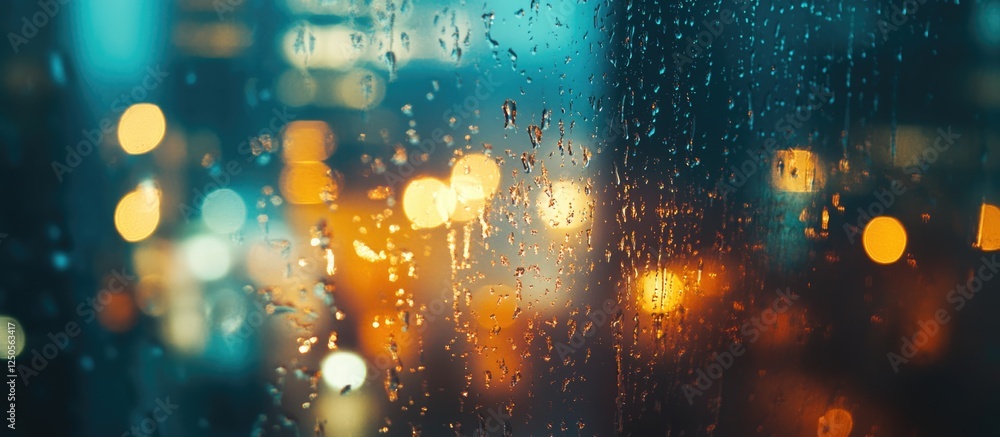 Poster raindrops on window glass creating a vibrant bokeh background with city lights for design inspiratio