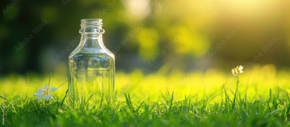 Aufkleber Glass bottle on lush green grass with sunlight creating a serene backdrop and ample blank space for text or branding messages.