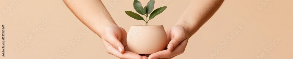 Poster minimalist eco display hands cradling clay pot with emerging sapling - sustainable design for enviro