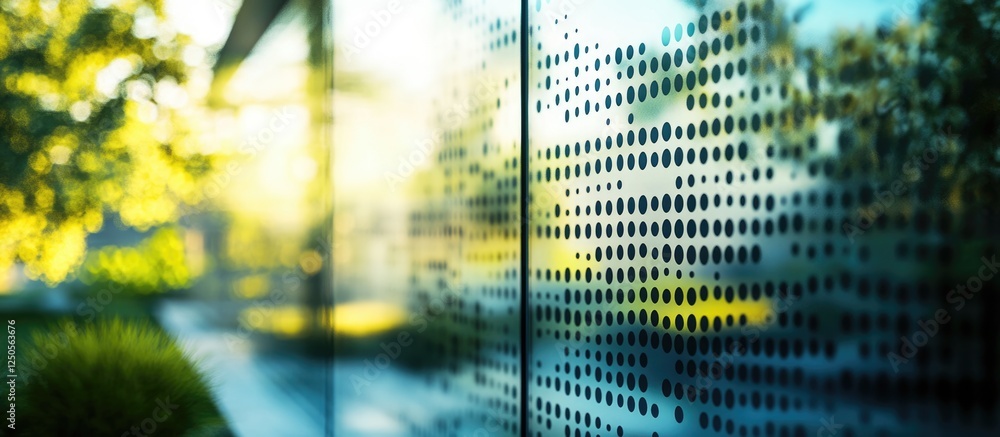 Poster textured glass wall featuring large and small black dot patterns with a softly blurred natural backg