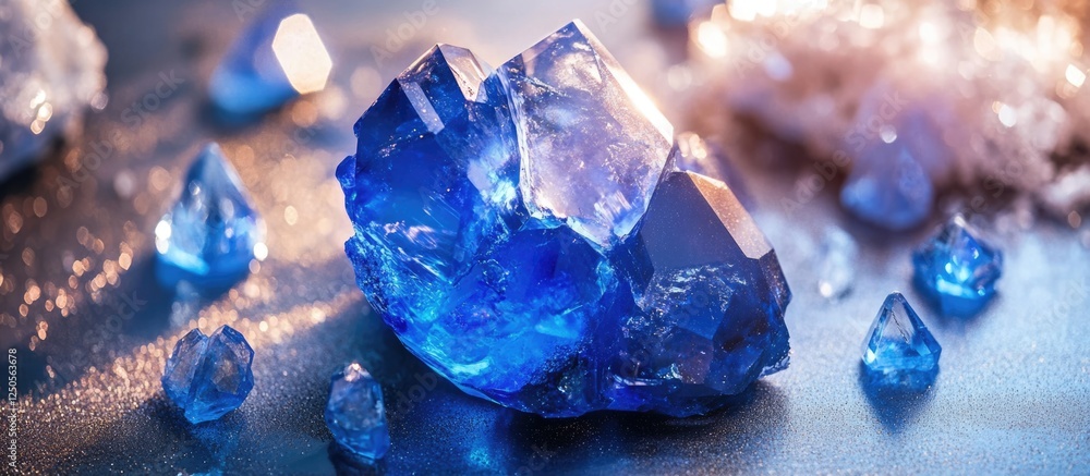 Aufkleber large blue crystal gemstones on a reflective surface creating a fantasy-themed background with spark