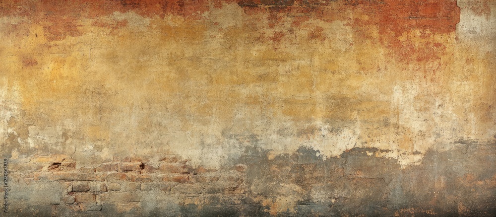 Aufkleber rustic aged ochre brick wall background with grungy texture and copy space for design projects and c