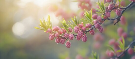 Larch tree branches with fresh pink cones and young green needles in spring season natural background soft light bokeh effect.