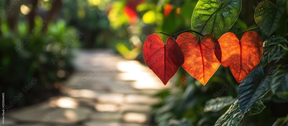 Poster heart-shaped langak leaves creating a charming decorative element in a lush garden setting with a st