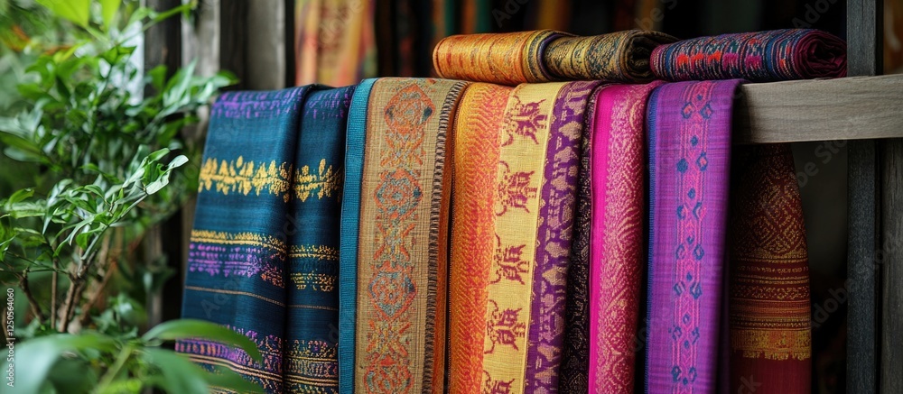 Aufkleber lanna thai fabrics displayed with vibrant colors and intricate patterns in a rustic setting