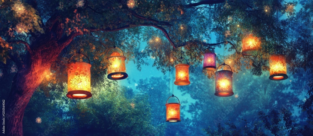 Poster enchanting lanterns hanging from tree branches in a serene nighttime forest setting, creating a magi